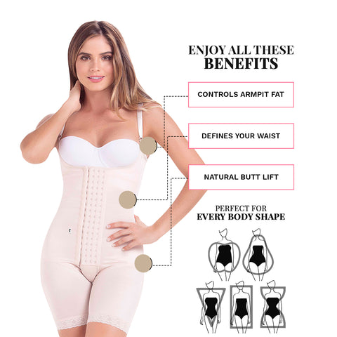 Post-Surgery BBL and Liposuction Faja with High Compression, Open Bust, & Mid-Thigh Length MariaE 9182-7-Shapes Secrets Fajas
