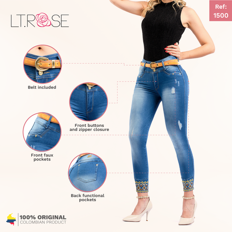 LT. Rose 1500 | Butt Lifting Skinny Ankle Ripped Embroidered Colombian Jeans for Women