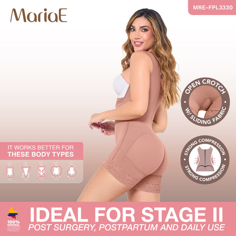 MARIAE FPL3330 Stage 2 Faja Colombiana Post Surgery Postpartum Shapewear Bodysuit Short Length with Side Ziipper & Open Bust