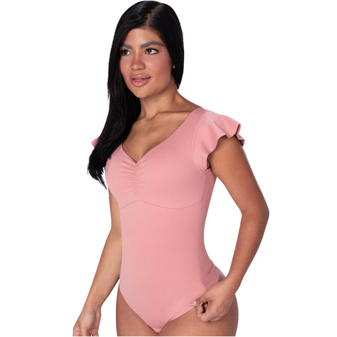 Flutter-Sleeve Bodysuit | Light Control V-Neck Shaper | MYD BD06014