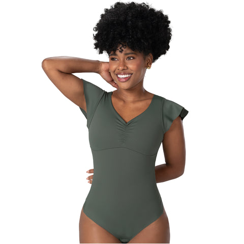 Flutter-Sleeve Bodysuit | Light Control V-Neck Shaper | MYD BD06014