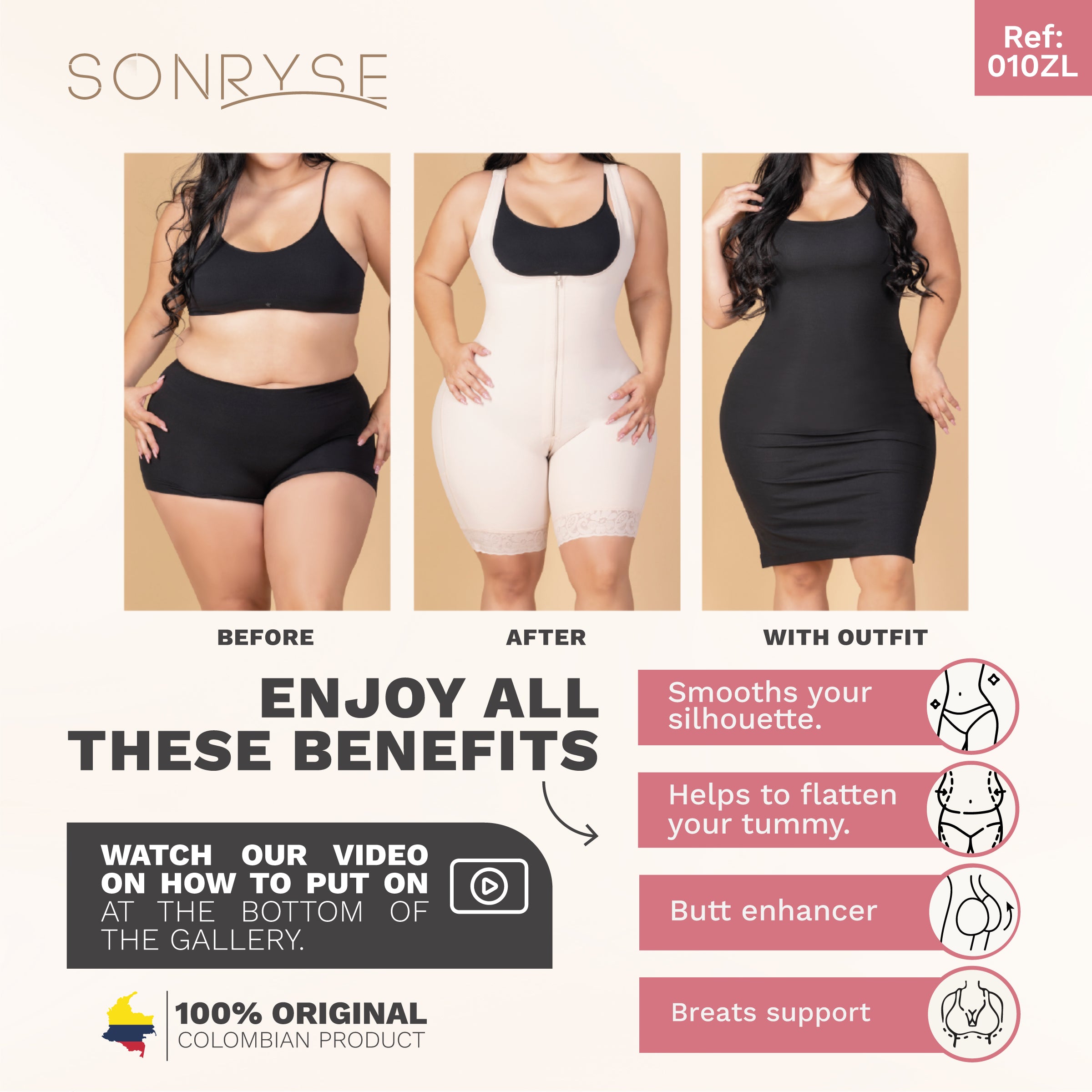 Thigh Liposuction Post-Surgery Faja, Wide Straps, Bra, Zipper & Medium Compression Sonryse 010ZL-6-Shapes Secrets Fajas