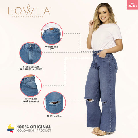 Women Distressed Denim High Rise Full Length Wide Leg Jeans Lowla 212395-9-Shapes Secrets Fajas