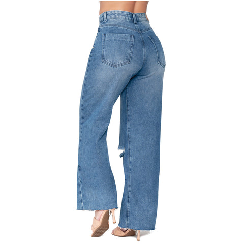 Women Distressed Denim High Rise Full Length Wide Leg Jeans Lowla 212395-2-Shapes Secrets Fajas