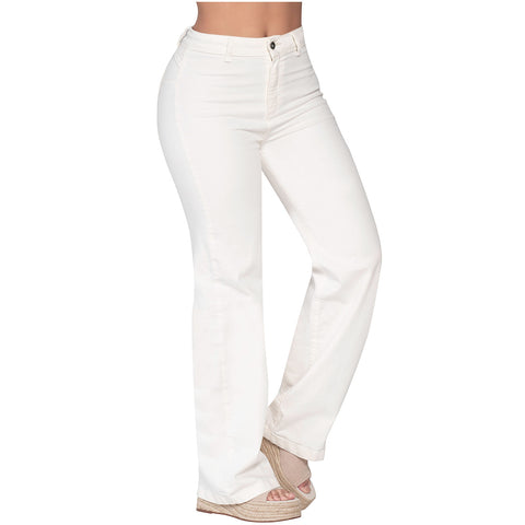 High Waisted White Straight Leg jeans for Women Lowla 242363-1-Shapes Secrets Fajas