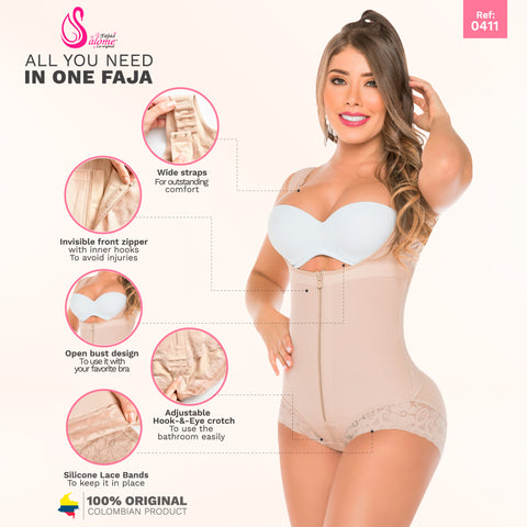 Fajas Salome 411 | Fajas Colombianas Open Bust Panty Shapewear Bodysuit | Post Surgery & Daily Use Body Shaper-4-Shapes Secrets Fajas