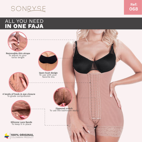 SONRYSE 068BF | Open Bust Short Shapewear Fajas Colombianas Postpartum & Post Surgery | Powernet-6-Shapes Secrets Fajas