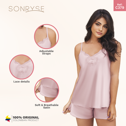 SONRYSE 379 | Two Piece Women's Satin Sleepwear Silk Robes with Lace Details | Short & Top | Daily Use-6-Shapes Secrets Fajas