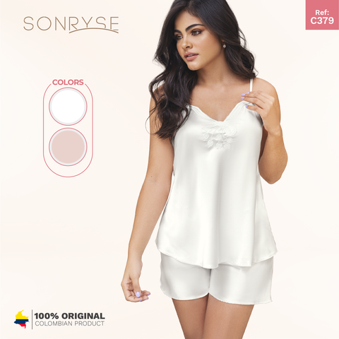 SONRYSE 379 | Two Piece Women's Satin Sleepwear Silk Robes with Lace Details | Short & Top | Daily Use-8-Shapes Secrets Fajas